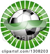 Poster, Art Print Of Shiny Soccer Ball With A Blank Banner Over A Green Burst