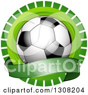 Poster, Art Print Of Shiny Soccer Ball Over A Blank Banner Over A Green Burst