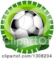 Shiny Soccer Ball Over A Blank Banner Over A Green Burst