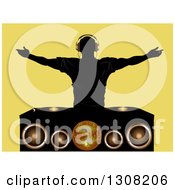 Clipart Of A Silhouetted Male Dj Wearing Headphones And Holding His Arms Wide Over A Turn Table Speakers And Disco Ball Over Yellow Royalty Free Vector Illustration by elaineitalia