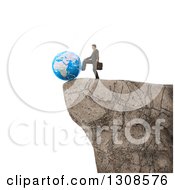 Poster, Art Print Of 3d White Businessman Pushing Planet Earth Off Of A Cliff Edge On White