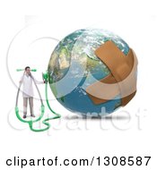 Poster, Art Print Of 3d Male Doctor Holding A Stethoscope To Africa On Earth With Bandages On The Planet