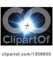 Clipart Of A 3d View Upwards Of An Airplane In A Bright Sky In The Center Of An Apartment Building Complex Royalty Free Illustration