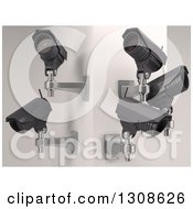 Poster, Art Print Of 3d Four Black Hd Cctv Security Surveillance Cameras Mounted On A Corner Wall On Off White