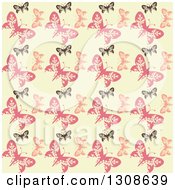 Poster, Art Print Of Seamless Background Of A Retro Black And Pink Butterfly Pattern On Pastel Yellow