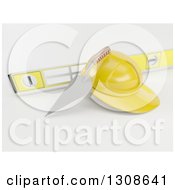 3d Mason Trowel Level And Yellow Hard Hat On Shaded White