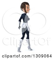 Clipart Of A 3d Brunette White Female Super Hero In A Black And White Suit Walking Away And To The Right Royalty Free Illustration by Julos