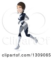 Clipart Of A 3d Brunette White Female Super Hero In A Black And White Suit Running To The Left Royalty Free Illustration by Julos