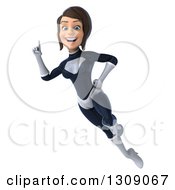 Clipart Of A 3d Brunette White Female Super Hero In A Black And White Suit Flying And Holding Up A Finger Royalty Free Illustration by Julos