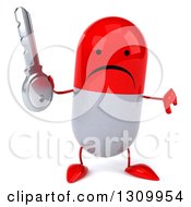 Clipart Of A 3d Unhappy Red And White Pill Character Holding A Thumb Down And A Key Royalty Free Illustration