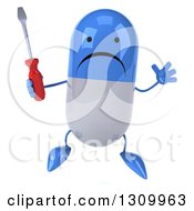 Clipart Of A 3d Unhappy Blue And White Pill Character Jumping And Holding A Screwdriver Royalty Free Illustration
