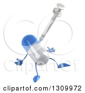 Clipart Of A 3d Blue And White Pill Character Being Stabbed With A Vaccine Syringe Royalty Free Illustration