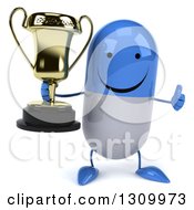Clipart Of A 3d Happy Blue And White Pill Character Holding A Trophy And Thumb Up Royalty Free Illustration