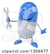 Clipart Of A 3d Happy Blue And White Pill Character Shrugging And Holding A Wrench Royalty Free Illustration