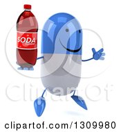 Clipart Of A 3d Happy Blue And White Pill Character Facing Slightly Right Jumping And Holding A Soda Bottle Royalty Free Illustration