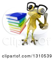 Clipart Of A 3d Bespectacled Light Green Springer Frog Holding Up A Stack Of Books And Thumb Royalty Free Illustration by Julos