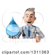 Clipart Of A 3d Young Brunette White Male Doctor Holding A Water Droplet Over A Sign Royalty Free Illustration