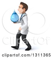 Clipart Of A 3d Young Brunette White Male Doctor Walking To The Left And Holding A Water Droplet Royalty Free Illustration
