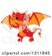 Clipart Of A Cute Red And Orange Baby Dragon Pointing Royalty Free Vector Illustration