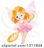 Poster, Art Print Of Cute Red Haired White Fairy Girl In Pink Holding A Giant Spoon