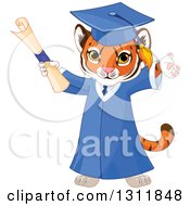 Cute Playful Tiger Cub Graduate Cheering In A Cap And Gown And Holding A Diploma