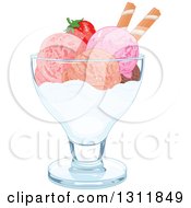Poster, Art Print Of Scoops Of Ice Cream With A Strawberry And Piroette Wafers In A Bowl