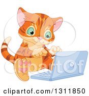 Clipart Of A Cute Ginger Kitten Using A Laptop On The Floor Royalty Free Vector Illustration by Pushkin
