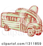 Poster, Art Print Of Sketched Red And Green Bus With A Sombrero On Top