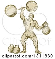 Sketched Retro Strongman Lifting A Barbell And Holding A Kettlebell