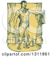 Poster, Art Print Of Sketched Blue And Yellow Cirus Strongman Holding A Weight On Stage
