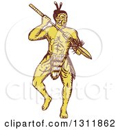 Sketched Yellow Maori Warrior Holding A Taiaha And Doing A War Dance