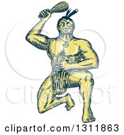 Poster, Art Print Of Sketched Blue And Yellow Maori Warrior Kneeling And Holding A Patu