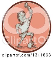 Clipart Of A Sketched American Football Player Resting A Foot On A Helmet And Holding Up A Trophy In A Pink Oval Royalty Free Vector Illustration