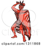 Sketched Red Maori Chief War Dancing With A Taiaha