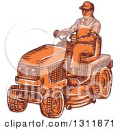 Poster, Art Print Of Sketched Orange Man Driving A Ride On Mower
