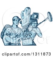 Blue Sketch Of Film Crew Clapper Board Sound Man And Camera Man Workers