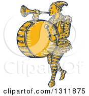 Retro Sketched Clown Playing A Trumpet And Drum