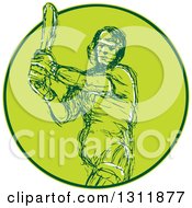 Poster, Art Print Of Sketched Cricket Batsman Swinging A Bat In A Green Circle
