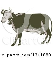 Poster, Art Print Of Retro Woodcut Dairy Cow Wearing A Bell And Facing Left