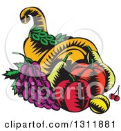 Clipart Of A Retro Woodcut Cornucopia Basket With Apples Grapes Cherries And A Plum Royalty Free Vector Illustration by patrimonio