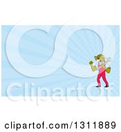 Poster, Art Print Of Cartoon Dragon Man Plumber Holding A Monkey Wrench And Doing A Fist Pump And Blue Rays Background Or Business Card Design