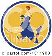 Poster, Art Print Of Retro Jumping Male Handball Player Preparing To Throw The Ball In A Blue White And Yellow Circle
