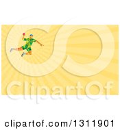 Retro Low Poly Geometric Male Handball Player Jumping And Yellow Rays Background Or Business Card Design