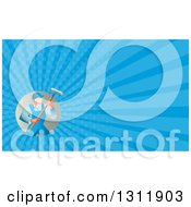 Poster, Art Print Of Retro Male House Painter In Overalls Holding A Roller Brush And Blue Rays Background Or Business Card Design