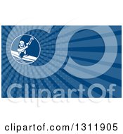 Clipart Of A Retro Man Canoeing And Paddling And Blue Rays Background Or Business Card Design Royalty Free Illustration