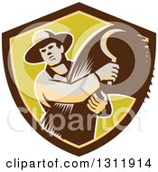 Retro Male Farmer Holding A Scythe And Harvested Wheat In Brown And Green Shield