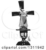 Clipart Of A Black And White Woodcut Dutch Windmill On A Mans Head Royalty Free Vector Illustration