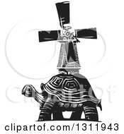 Black And White Woodcut Dutch Windmill On The Back Of A Tortoise