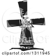 Poster, Art Print Of Black And White Woodcut Dutch Windmill