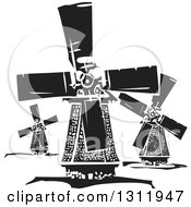 Black And White Woodcut Dutch Windmills